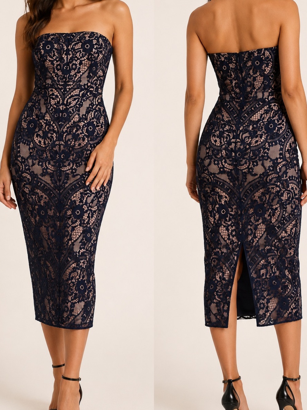 Stylestalker Navy Lace Strapless Midi Dress XS